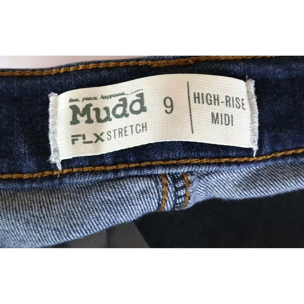 Mudd‎ Jean Shorts Distressed High Rise Midi Juniors Sz 9 Blue Stretch Button-Fly